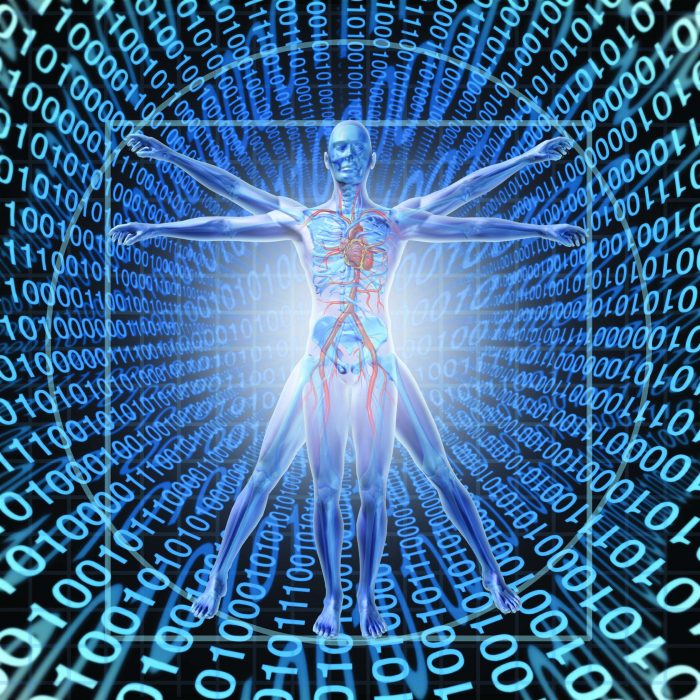 21743113 - medical records technology with a vitruvian man over a background of digital binary code as a health care symbol of electronic data storage at a central server network available in the cloud for a hospital or clinic patient convenience